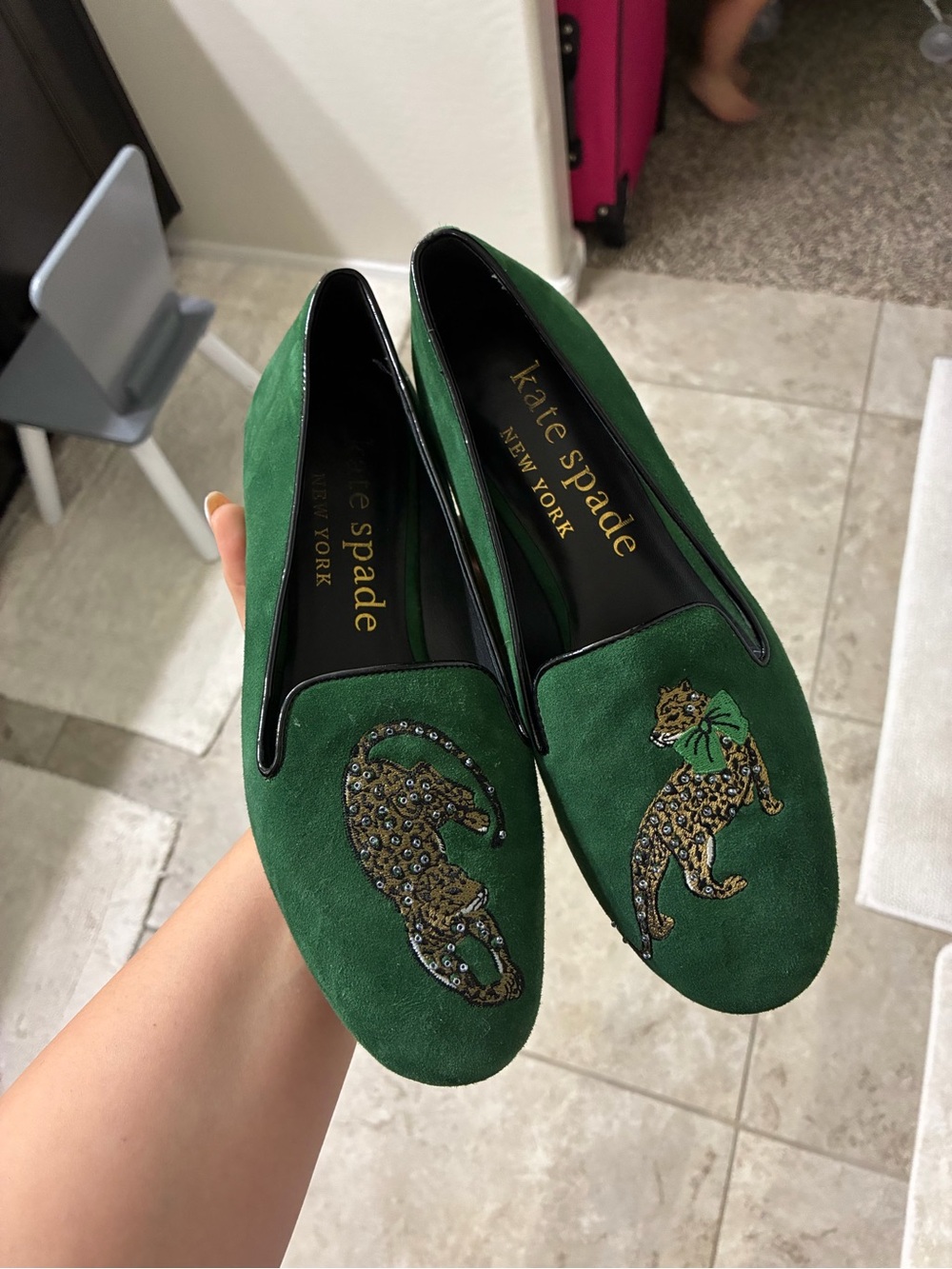 kate spade emerald green suede leopard-embellished loafers - Picture 1 of 2